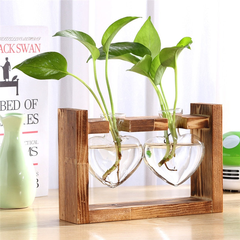 Glass and Wood Vase Planter Terrarium Table Desktop Hydroponics Plant Bonsai Flower Pot Hanging Pots with Wooden Tray Home Decor