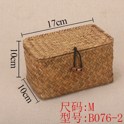 Rattan Weave Storage Box With Lid For Bulk Products Sundries Organizer Seaweed Vintage Straw Basket Container Jewelry Wicker