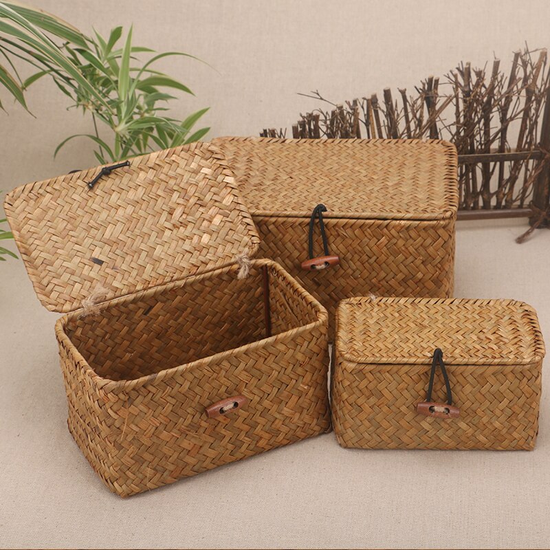 Rattan Weave Storage Box With Lid For Bulk Products Sundries Organizer Seaweed Vintage Straw Basket Container Jewelry Wicker
