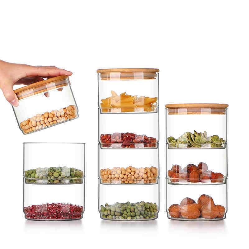 Stackable Transparent High Borosilicate Glass Can Kitchen Storage Bottle Food Bulk Container Sealed with Cover Home Organization