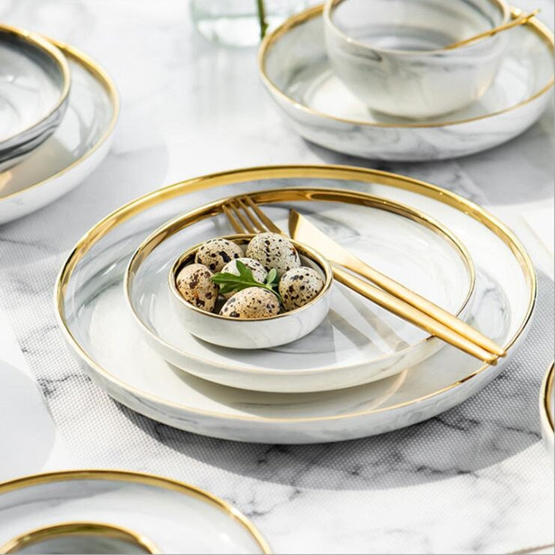 Gold Marble Ceramic Food Tray Kitchen Dinner Plates Dishes Rice Salad Noodles Soup Bowl Spoons Kitchen Cook Tool