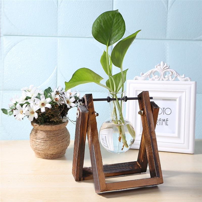 Glass and Wood Vase Planter Terrarium Table Desktop Hydroponics Plant Bonsai Flower Pot Hanging Pots with Wooden Tray Home Decor