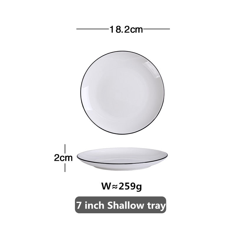 White With Black Edge Dinner Plate Ceramic Kitchen Tray Food Dishes Rice Salad Noodles Bowl Soup Kitchen Cook Tool 1pcs Sale