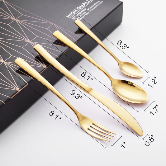 24PCS Tableware Gold Cutlery Set Dishes Dinnerware Set Knives Forks Spoons Western Kitchen 18/10 Stainless Steel Dinner Gift