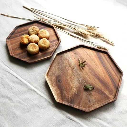 Creative Acacia Wood Plate Dishes Rectangle Octagonal Food Dessert Tea Dinner Tray Kitchenware Dinnerware Outdoor Tableware