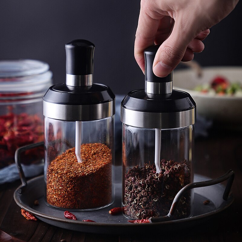 Glass Integrated Spice Bottles Jars Seasoning Spoon Oil Brush Honey Bar Lid Seal Sauce Kitchen Storage Boxes Organization Items