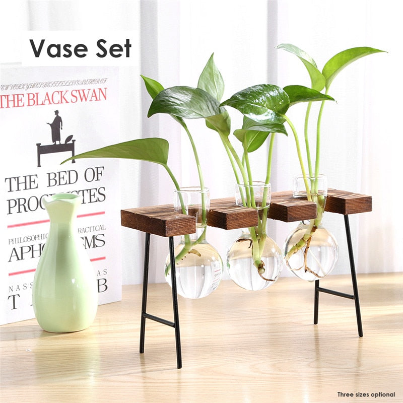 Glass and Wood Vase Planter Terrarium Table Desktop Hydroponics Plant Bonsai Flower Pot Hanging Pots with Wooden Tray Home Decor