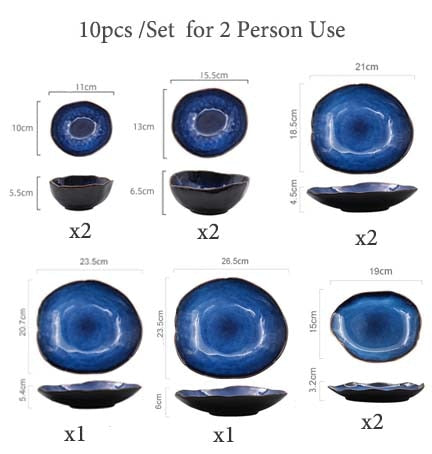 KINGLANG 1/2/4 Person Tableware Set Blue Color Ceramics Irregular Shape Dinner Set Dishes Plate