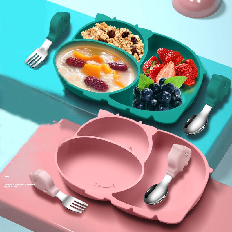 Cow Silicone Baby Feeding Silicone Plate Kids Food Bowl For Breakfast Nursning Feeding Tableware Set Dishes With Spoon Fork Set