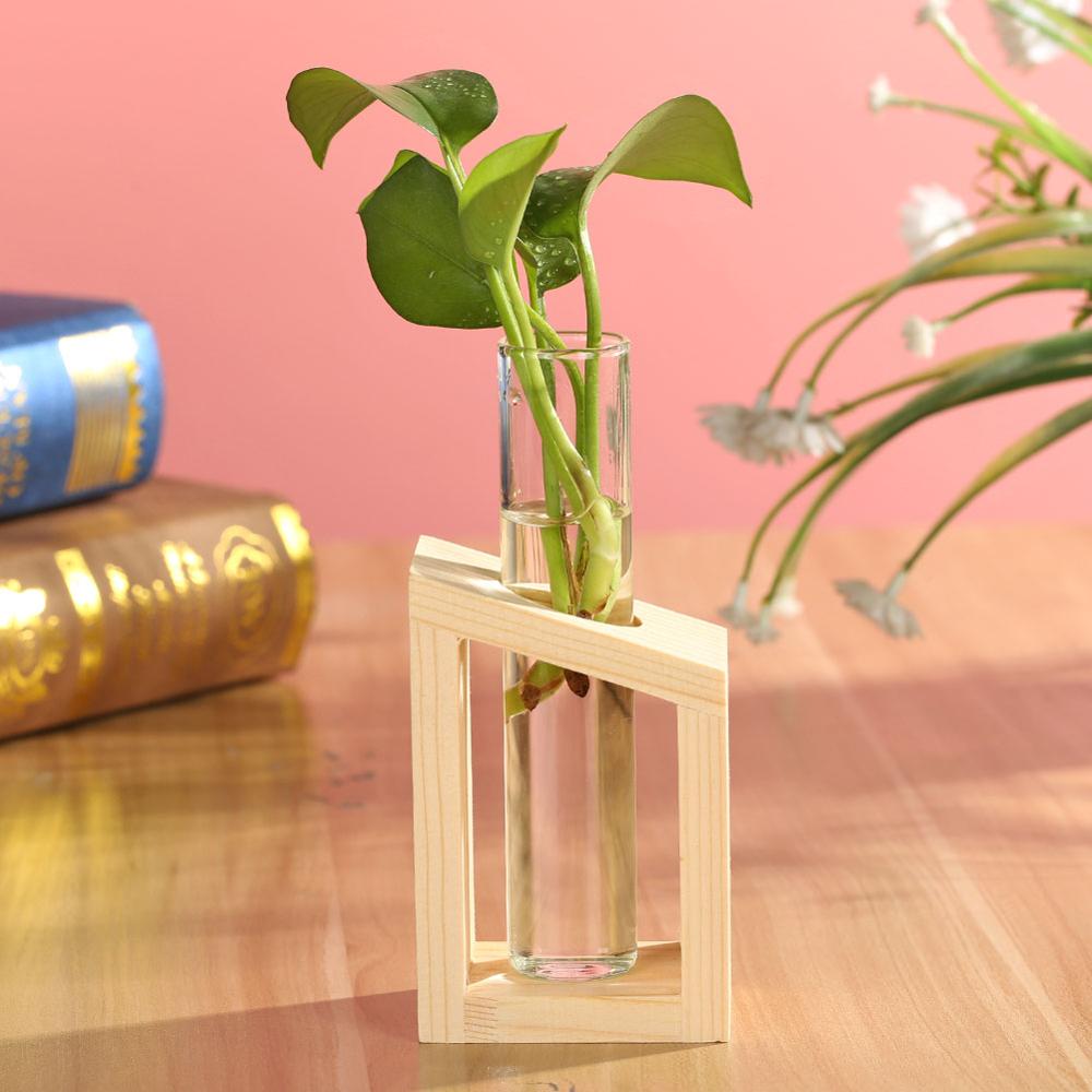 Glass and Wood Vase Planter Terrarium Table Desktop Hydroponics Plant Bonsai Flower Pot Hanging Pots with Wooden Tray Home Decor