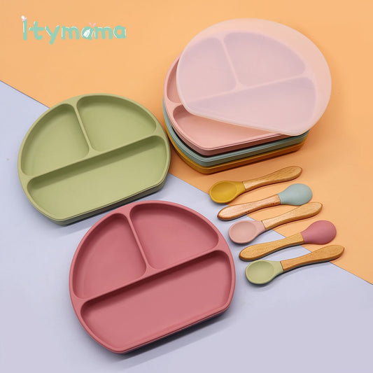 Baby Feeding Plate Food Grade Silicone Baby Plate BPA Free Infant Waterproof Kid Tableware Plate Children Dishes Sealed With Lid