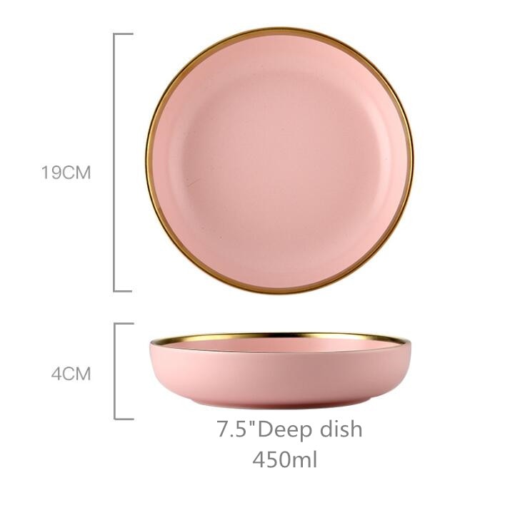 Gilt Rim Pink Porcelain Dinner Plate Set Kitchen Plate Ceramic Tableware Food Dishes Rice Salad Noodles Bowl Mug Cutlery Set 1pc