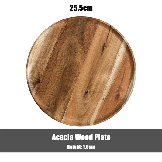 1Pcs Round Acacia Wood Plate Food Grade Healthy Fruit Salad Snack Sushi Dessert Cake Serving Plate Kitchen Dinner Plate Dishes