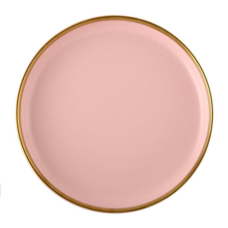 Gilt Rim Pink Porcelain Dinner Plate Set Kitchen Plate Ceramic Tableware Food Dishes Rice Salad Noodles Bowl Mug Cutlery Set 1pc