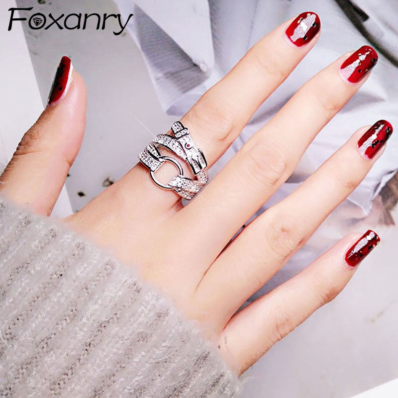 Foxanry 925 Stamp Sparkling Zircon Rings New Fashion Creative Belt Buckle Rings Wedding Bride Jewelry Gifts for Women