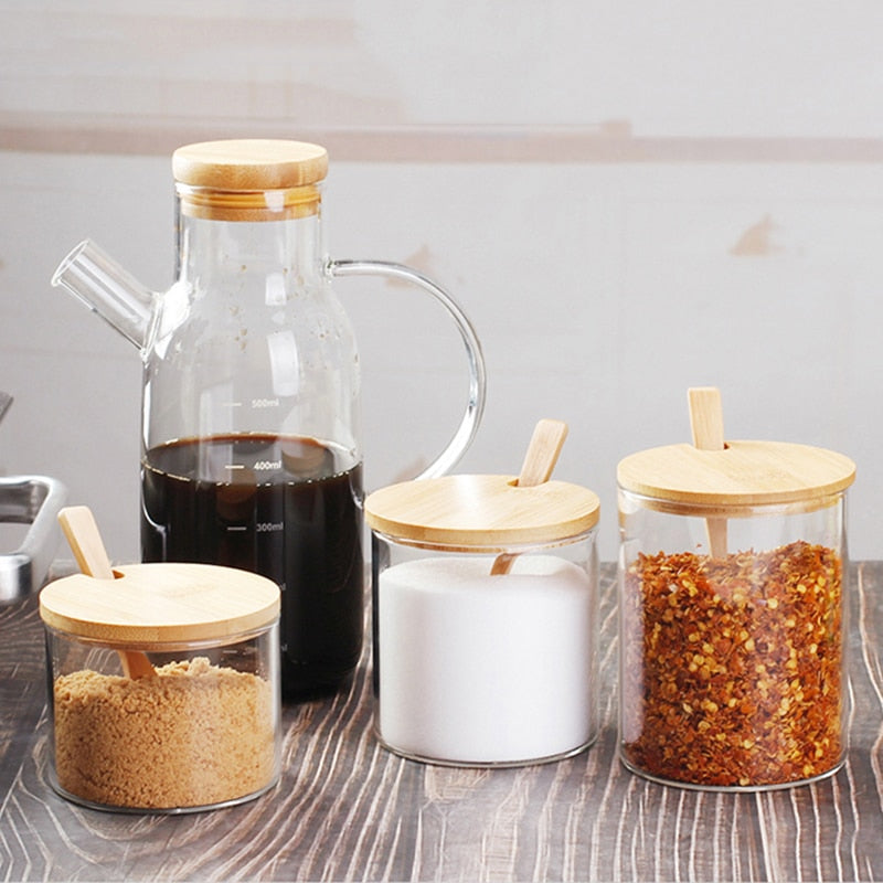 Spice Organizer Glass Seasoning Box Bottle Salt Pepper Shakers Sugar Container Storage Jar with Wooden Spoon Kitchen Accessories