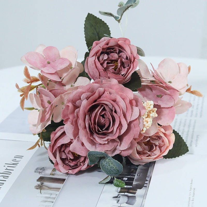 Beautiful Hydrangea Roses Artificial Flowers for Home Wedding Decorations High Quality Autumn Bouquet Mousse Peony Fake Flower