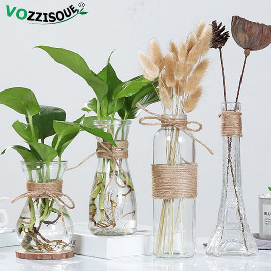 1-4PCS Nordic Bonsai Flowerpot Geometric Terrarium Hemp Vase Rope Transparent Glass Decorative Pots Balcony Hydroponic Planter