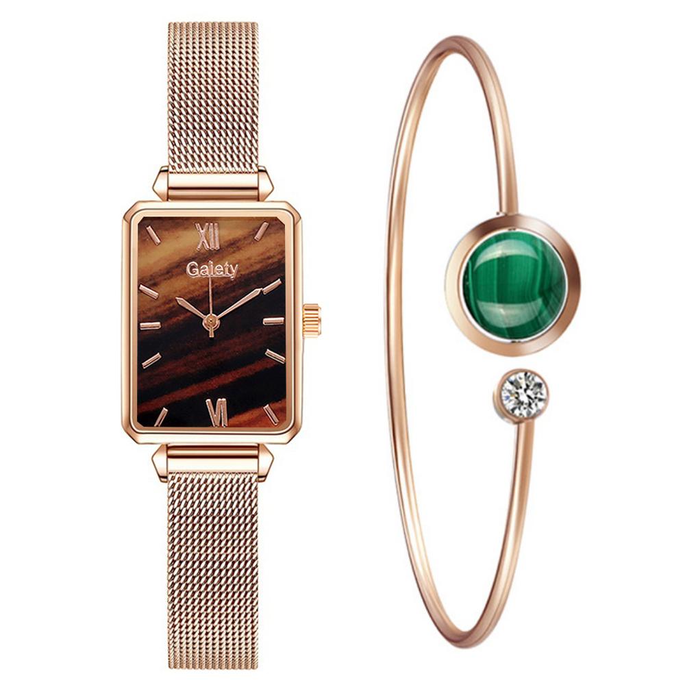 Gaiety Brand Women Watches Fashion Square Ladies Quartz Watch Bracelet Set Green Dial Simple Rose Gold Mesh Luxury Women Watches