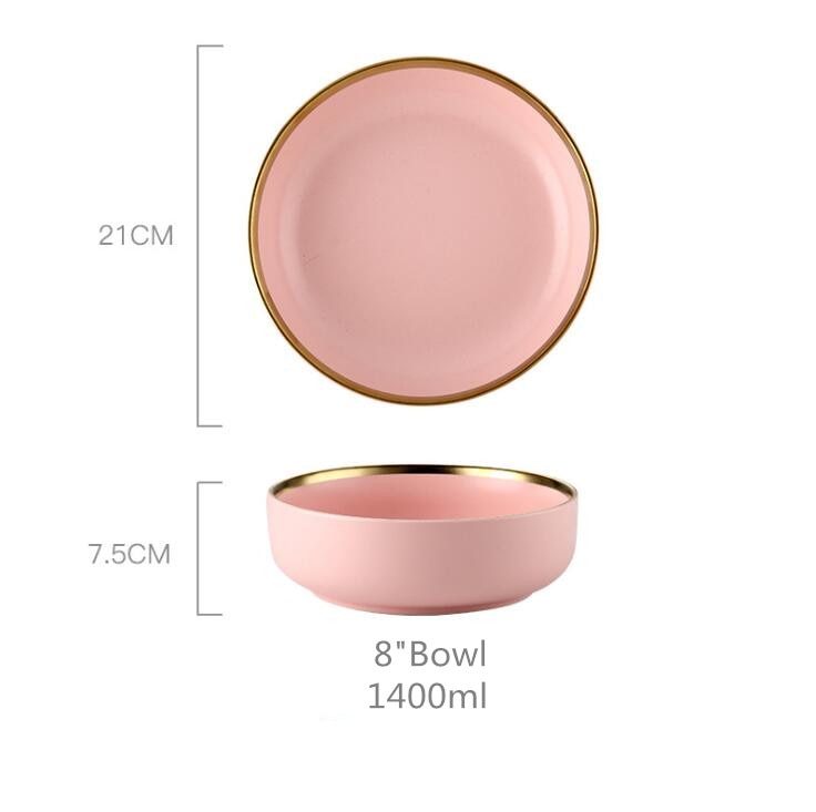 Gilt Rim Pink Porcelain Dinner Plate Set Kitchen Plate Ceramic Tableware Food Dishes Rice Salad Noodles Bowl Mug Cutlery Set 1pc