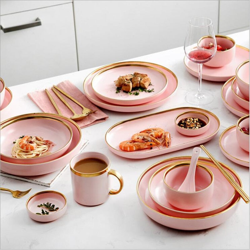 Gilt Rim Pink Porcelain Dinner Plate Set Kitchen Plate Ceramic Tableware Food Dishes Rice Salad Noodles Bowl Mug Cutlery Set 1pc