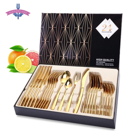 24PCS Tableware Gold Cutlery Set Dishes Dinnerware Set Knives Forks Spoons Western Kitchen 18/10 Stainless Steel Dinner Gift