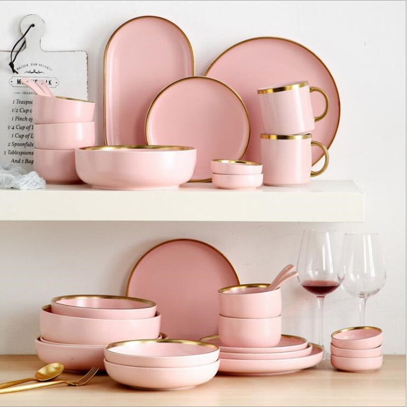 Gilt Rim Pink Porcelain Dinner Plate Set Kitchen Plate Ceramic Tableware Food Dishes Rice Salad Noodles Bowl Mug Cutlery Set 1pc