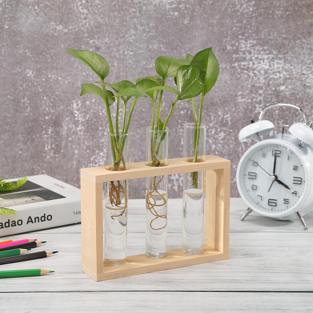 Glass and Wood Vase Planter Terrarium Table Desktop Hydroponics Plant Bonsai Flower Pot Hanging Pots with Wooden Tray Home Decor