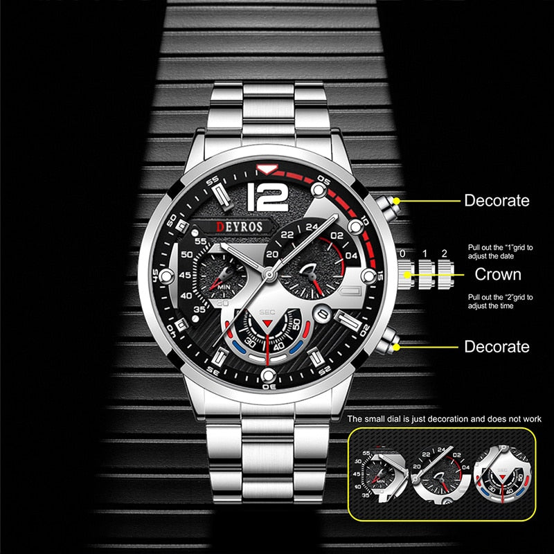 2022 Fashion Mens Watches Luxury Stainless Steel Quartz Wristwatch Calendar Luminous Clock Men Business Casual Leather Watch