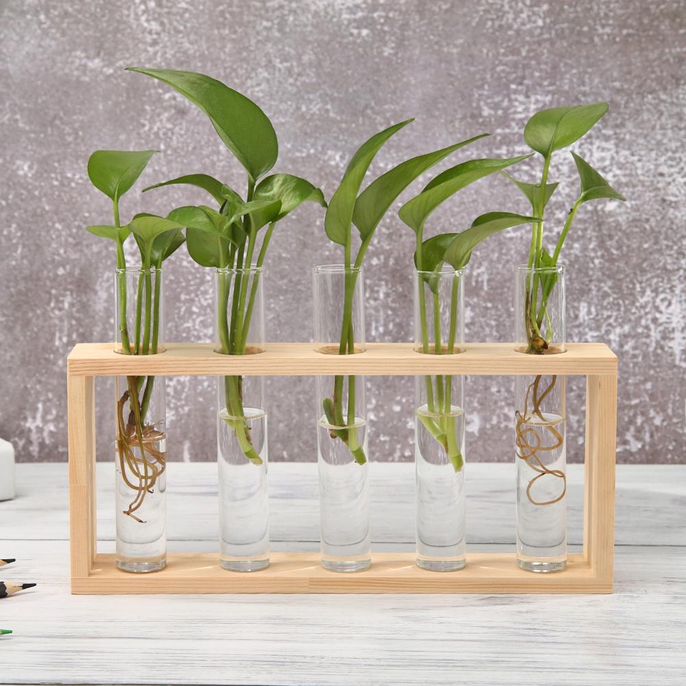 Glass and Wood Vase Planter Terrarium Table Desktop Hydroponics Plant Bonsai Flower Pot Hanging Pots with Wooden Tray Home Decor