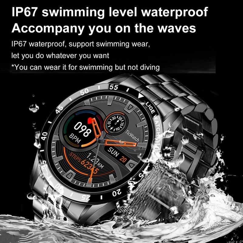 LIGE 2022 Full Circle Touch Screen Steel Band Luxury Bluetooth Call Men Smart Watch Waterproof Sport Activity Fitness Watch+Box