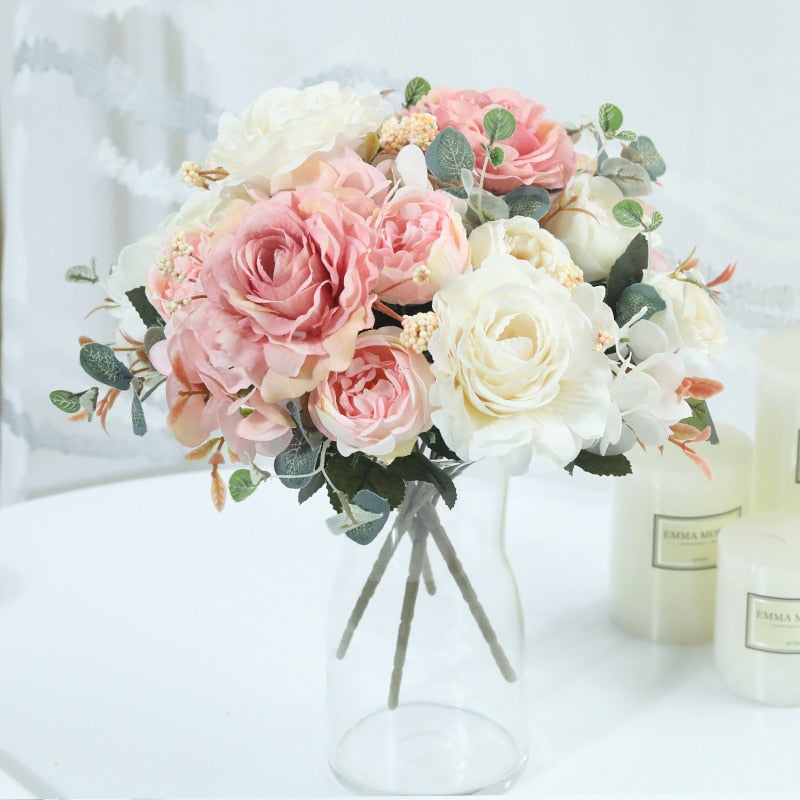 Beautiful Hydrangea Roses Artificial Flowers for Home Wedding Decorations High Quality Autumn Bouquet Mousse Peony Fake Flower