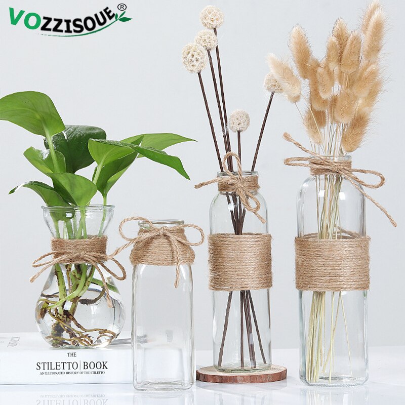 1-4PCS Nordic Bonsai Flowerpot Geometric Terrarium Hemp Vase Rope Transparent Glass Decorative Pots Balcony Hydroponic Planter