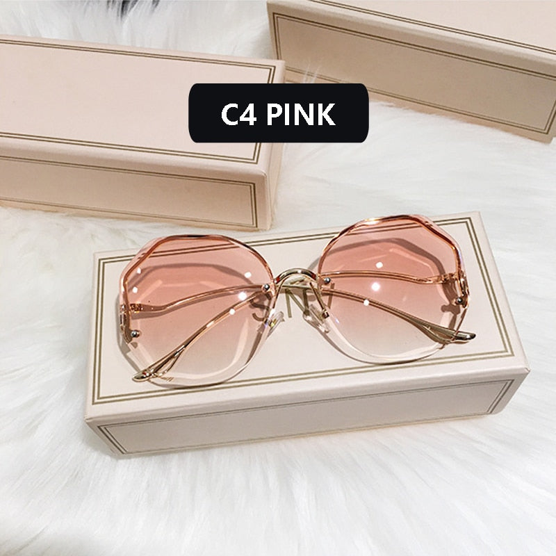 2022 Fashion Tea Gradient Sunglasses Women Ocean Water Cut Trimmed Lens Metal Curved Temples Sun Glasses Female UV400