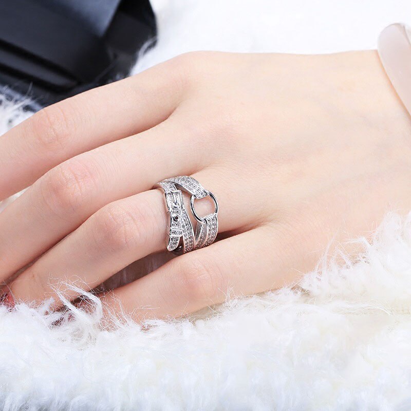 Foxanry 925 Stamp Sparkling Zircon Rings New Fashion Creative Belt Buckle Rings Wedding Bride Jewelry Gifts for Women