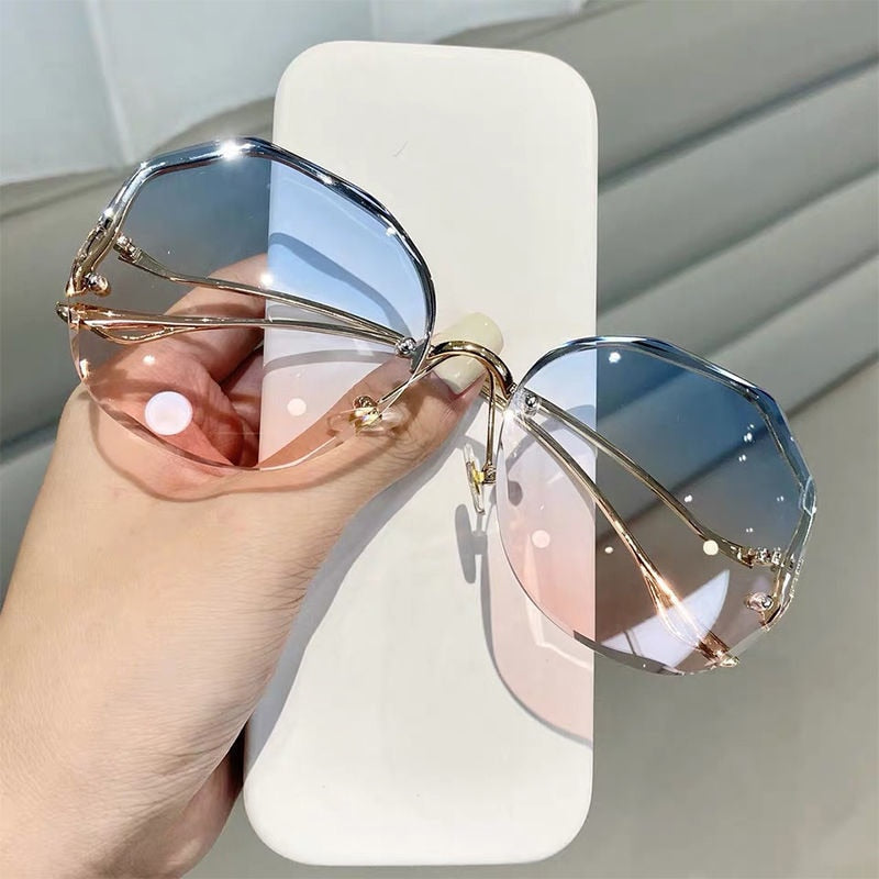 2022 Fashion Tea Gradient Sunglasses Women Ocean Water Cut Trimmed Lens Metal Curved Temples Sun Glasses Female UV400