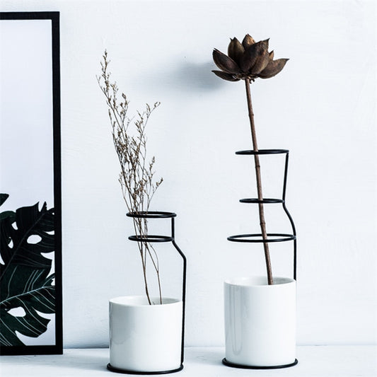 Nordic Minimalist Ceramic Flower Vase with Iron Holder Hydroponic Pot Modern Dried Flowers Container Planter Home Decoration