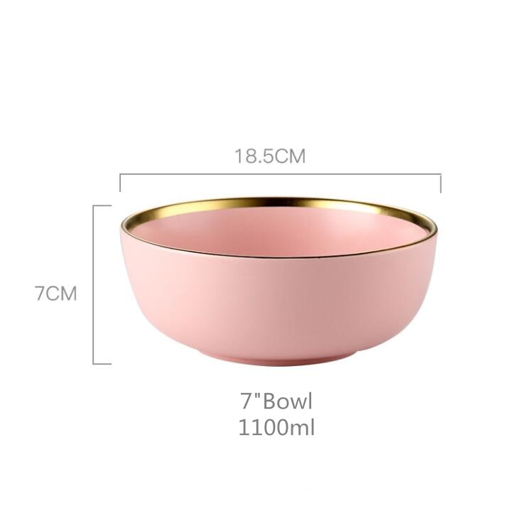 Gilt Rim Pink Porcelain Dinner Plate Set Kitchen Plate Ceramic Tableware Food Dishes Rice Salad Noodles Bowl Mug Cutlery Set 1pc