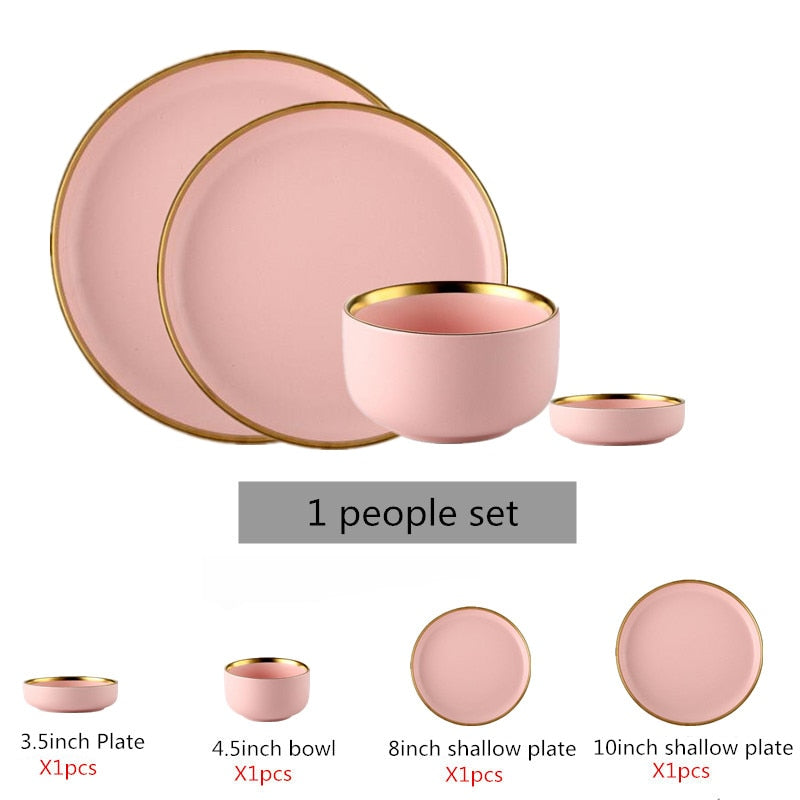 Gilt Rim Pink Porcelain Dinner Plate Set Kitchen Plate Ceramic Tableware Food Dishes Rice Salad Noodles Bowl Mug Cutlery Set 1pc