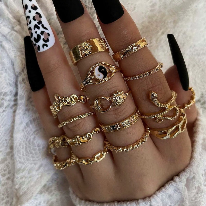 Bohemian Gold Chain Rings Set For Women Fashion Boho Coin Moon Heart Butterfly Rings Party 2022 Trend Jewelry Gift