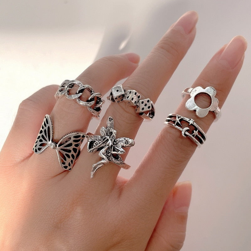 Bohemian Gold Chain Rings Set For Women Fashion Boho Coin Moon Heart Butterfly Rings Party 2022 Trend Jewelry Gift