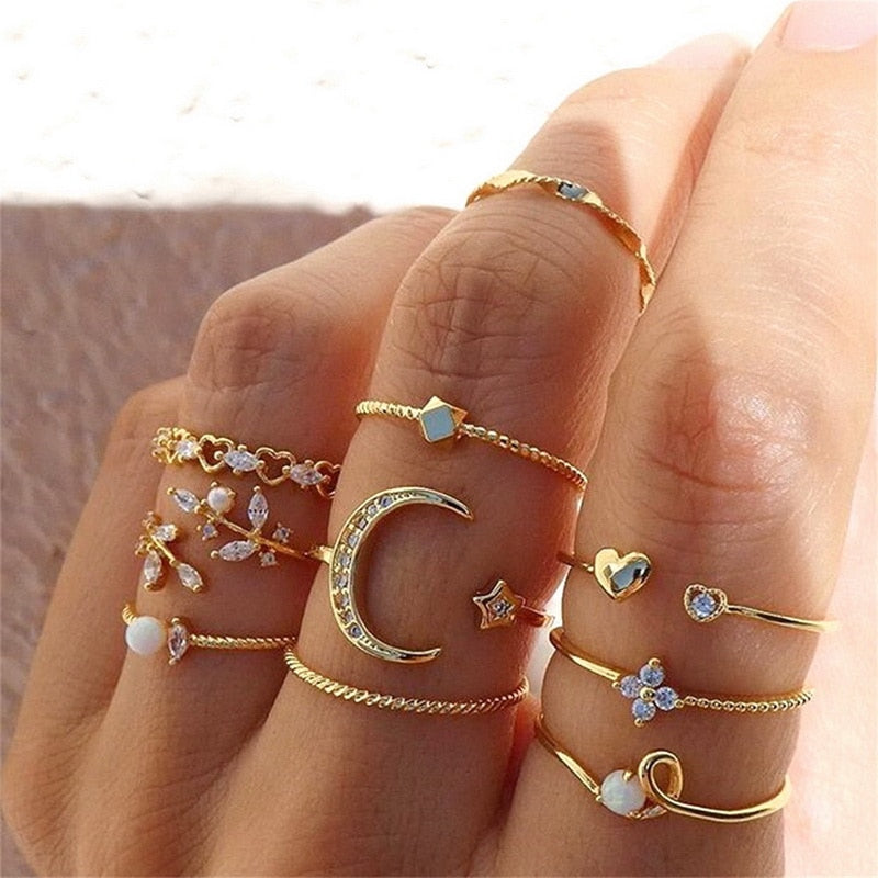 Bohemian Gold Chain Rings Set For Women Fashion Boho Coin Moon Heart Butterfly Rings Party 2022 Trend Jewelry Gift