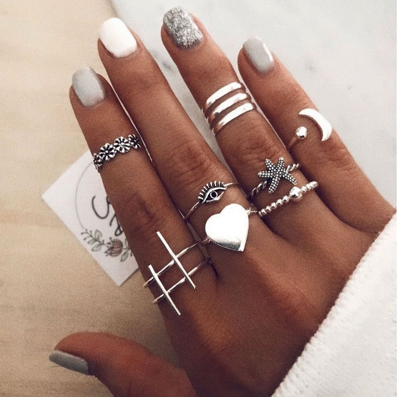 Bohemian Gold Chain Rings Set For Women Fashion Boho Coin Moon Heart Butterfly Rings Party 2022 Trend Jewelry Gift