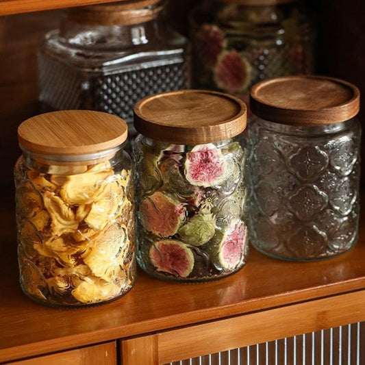 Glass Storage Jar with Lids Kitchen Organization Sealed Container Cereals Tank Food Tea Spice Jar Embossed Storage Glass Bottle