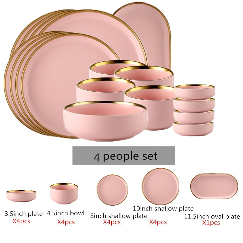 Gilt Rim Pink Porcelain Dinner Plate Set Kitchen Plate Ceramic Tableware Food Dishes Rice Salad Noodles Bowl Mug Cutlery Set 1pc