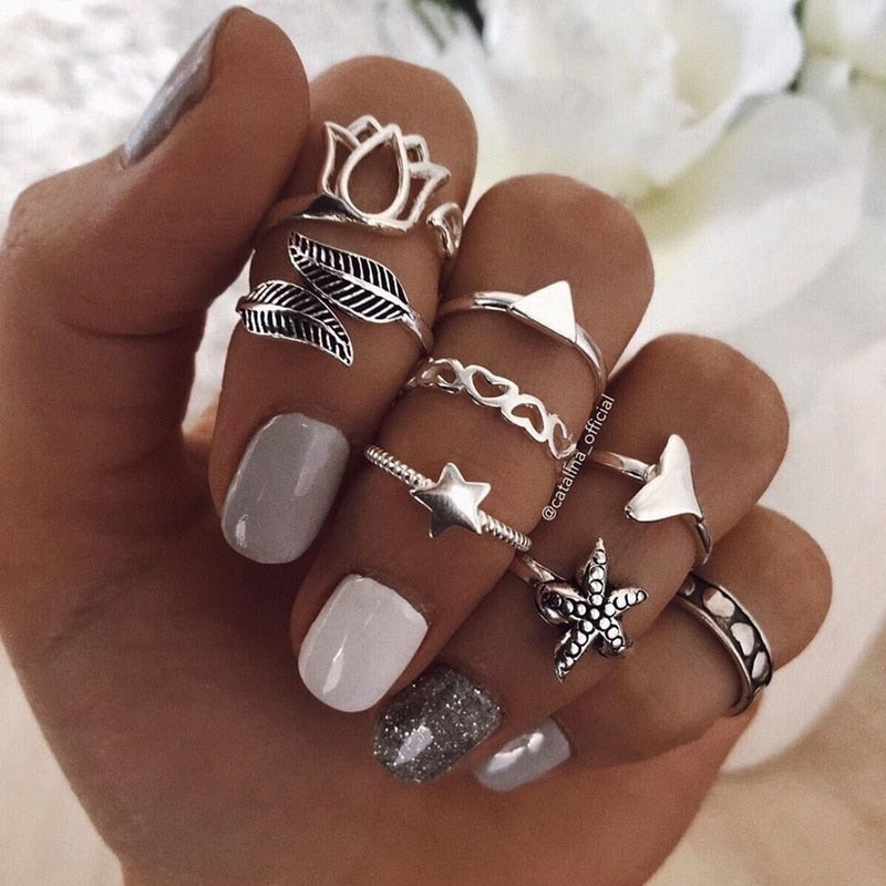 Bohemian Gold Chain Rings Set For Women Fashion Boho Coin Moon Heart Butterfly Rings Party 2022 Trend Jewelry Gift