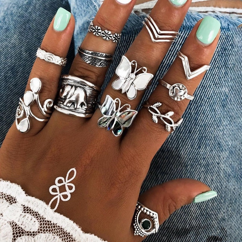 Bohemian Gold Chain Rings Set For Women Fashion Boho Coin Moon Heart Butterfly Rings Party 2022 Trend Jewelry Gift