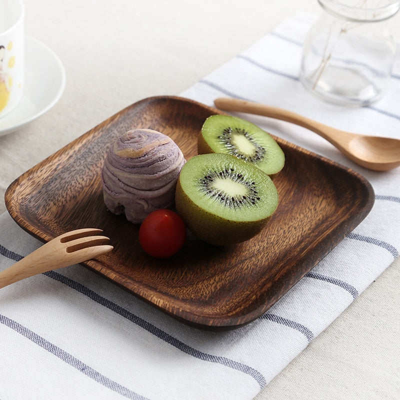 2Pcs Acacia Wood Plates Square Wooden Snack Plate Cake Dessert Fruit Serving Small Sushi Food Dishes Plate Set Wooden Tableware