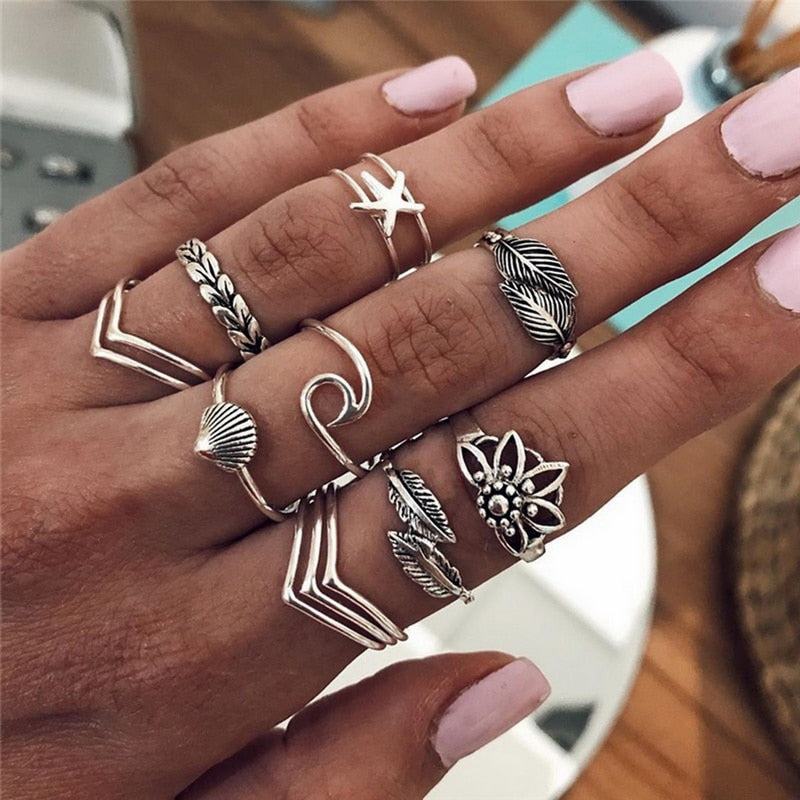 Bohemian Gold Chain Rings Set For Women Fashion Boho Coin Moon Heart Butterfly Rings Party 2022 Trend Jewelry Gift