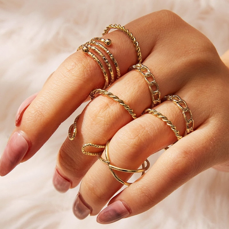 Bohemian Gold Chain Rings Set For Women Fashion Boho Coin Moon Heart Butterfly Rings Party 2022 Trend Jewelry Gift